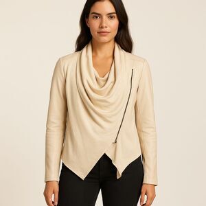 Blank NYC Womens Small Beige Moto Boho‎ Hybrid Draped Cowl Asymmetrical Jacket